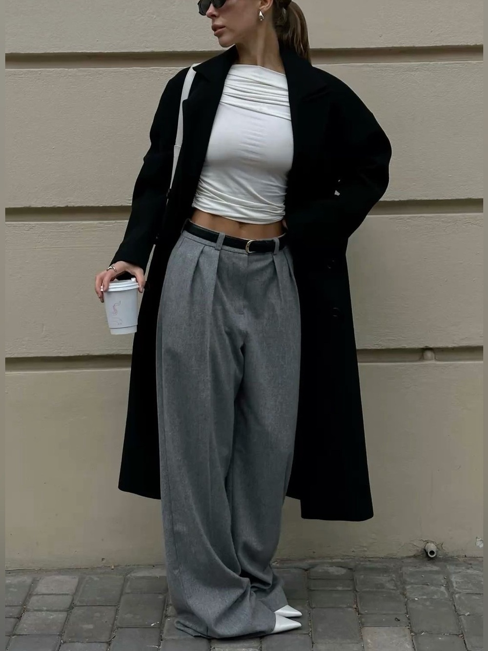 ZARA  Gray Pleated Wide Leg Tailored Dress Pants L